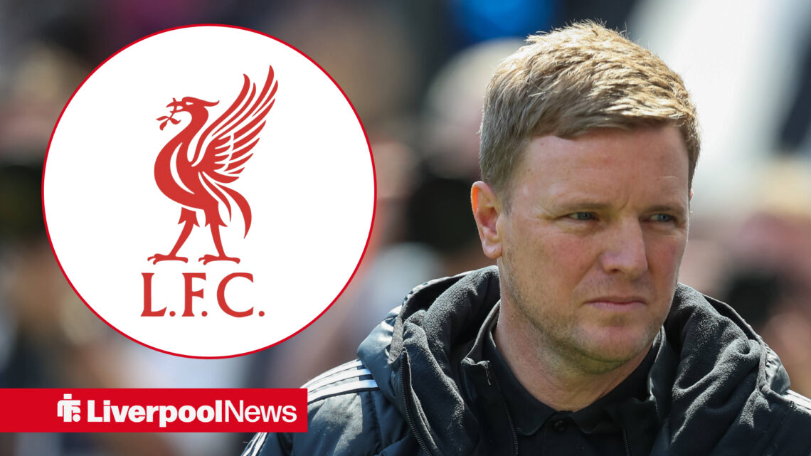 A picture of Eddie Howe concentrating next to a circular inset of a Liverpool badge.