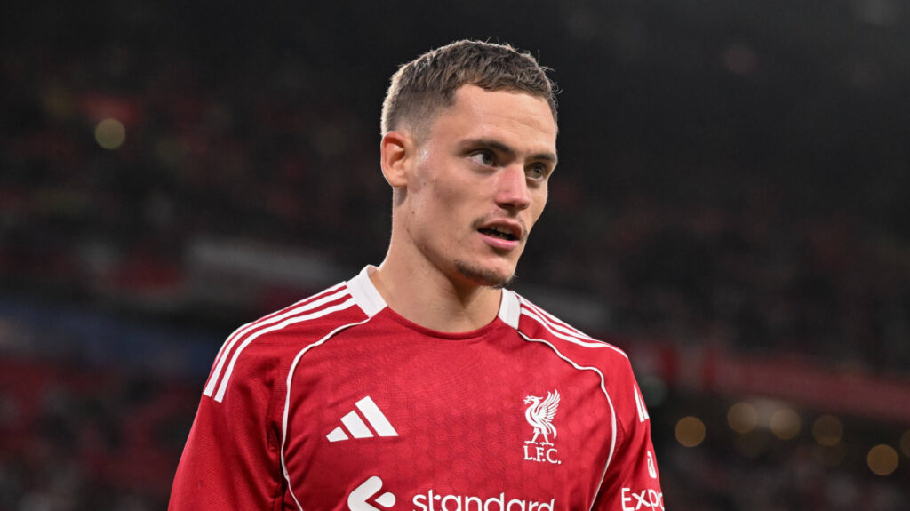 Florian Wirtz playing for Liverpool at Anfield.