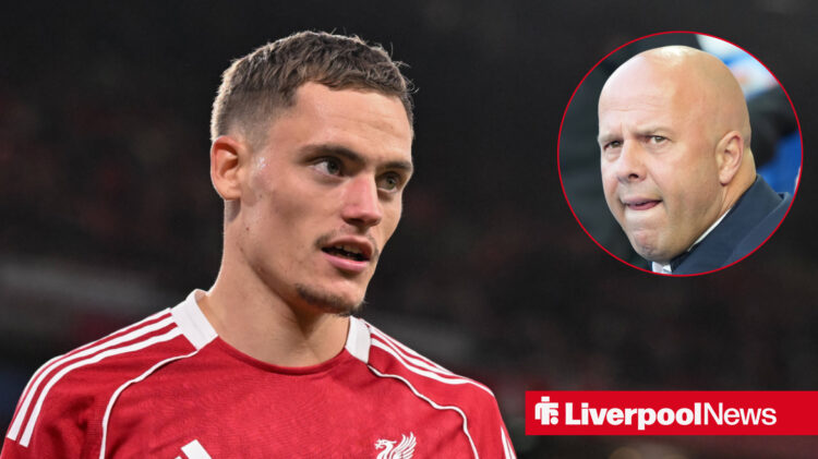 Liverpool star Florian Wirtz in action, Arne Slot looking confused.