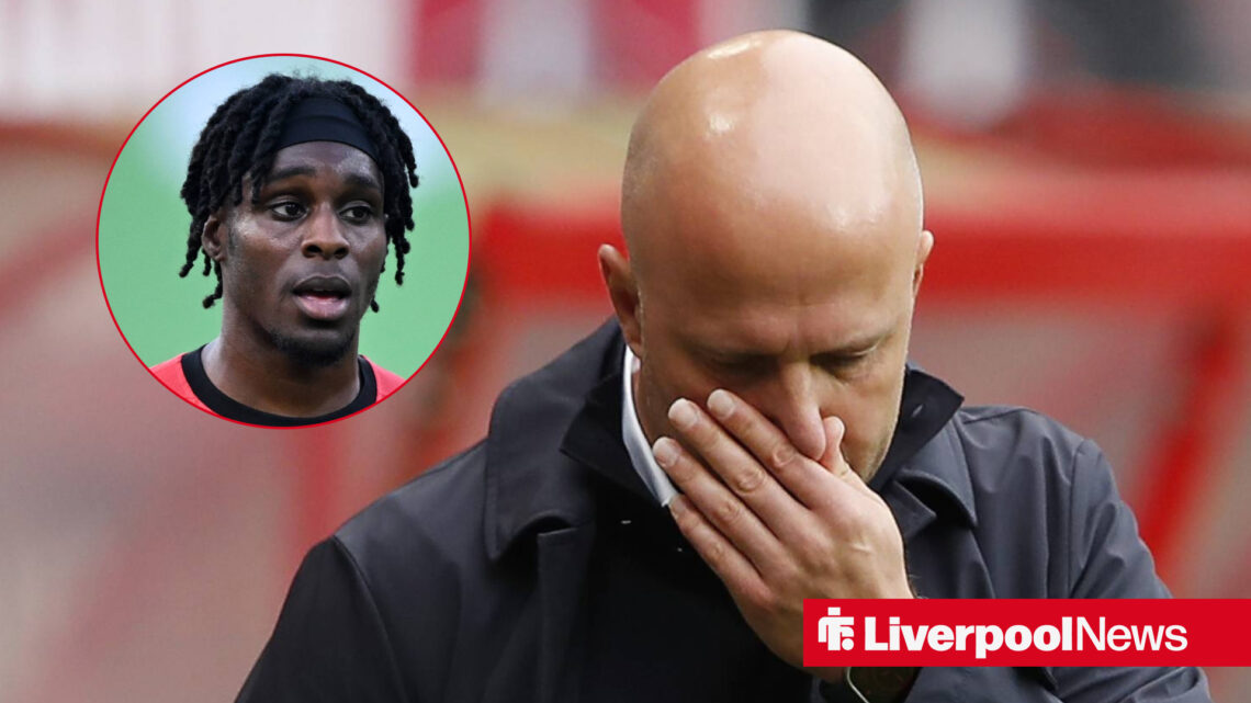 Liverpool boss Arne Slot looking devastated, Jeremie Frimpong inside circle.