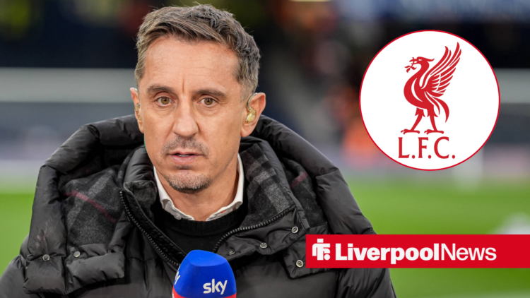 An image of Gary Neville on punditary duty for Sky Sports, next to a circular inset with the Liverpool badge