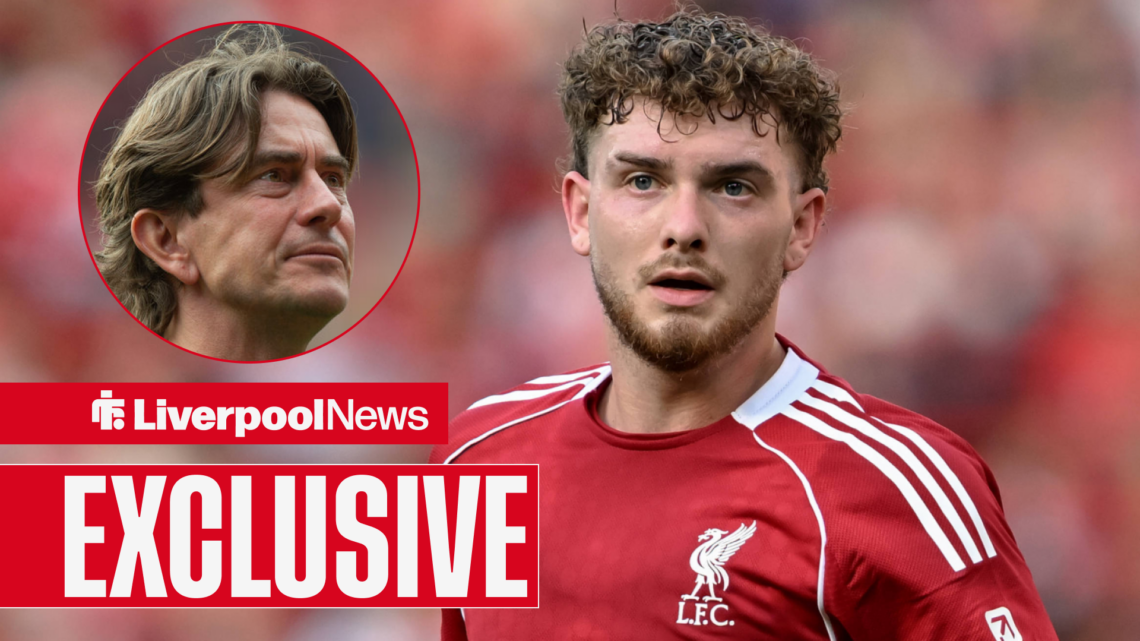 Liverpool star Harvey Elliott in action, Tottenham boss Thomas Frank watching on.