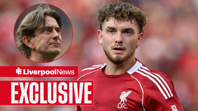 Liverpool star Harvey Elliott in action, Tottenham boss Thomas Frank watching on.