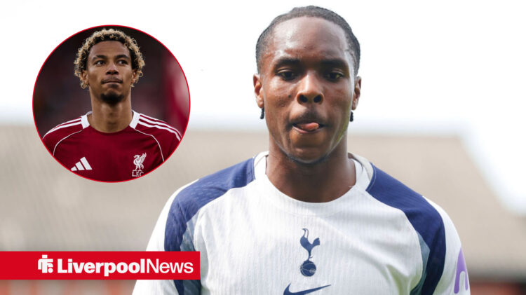 Tottenham star Mathys Tel looking upset and Liverpool ace Hugo Ekitike watching on.