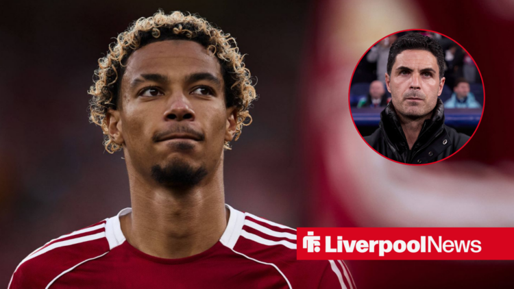 An image of Hugo Ekitike playing for Liverpool, next to a circular inset of Mikel Arteta managing Arsenal