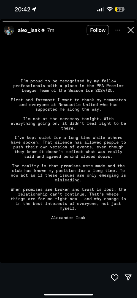 Alexander Isak Instagram message