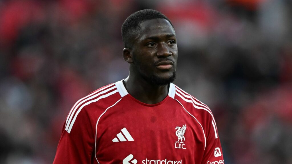 Ibrahima Konate playing for Liverpool in their home strip