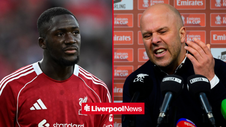 An image of Ibrahima Konate playing for Liverpool, next to an image of Arne Slot angry during a Liverpool press conference