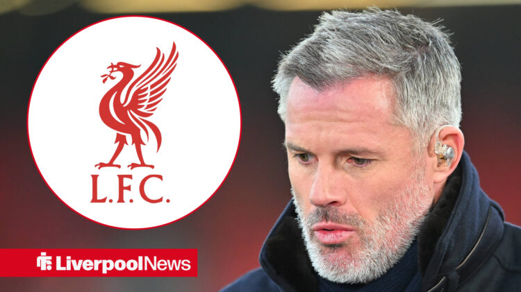 Jamie Carragher looking down, with Liverpool badge in circular frame