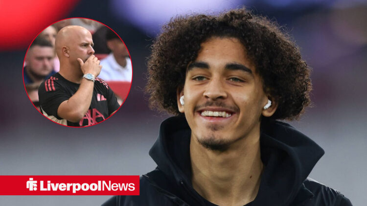 Liverpool starlet Jayden Danns smiling with Arne Slot looking puzzled.