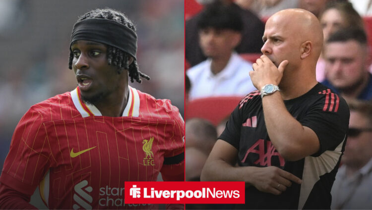 Jeremie Frimpong in a split image with Liverpool manager Arne Slot