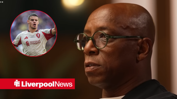 Ian Wright looking concerned, Liverpool star Milos Kerkez in inlet.