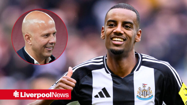 Alexander Isak smiling with Arne Slot inset.