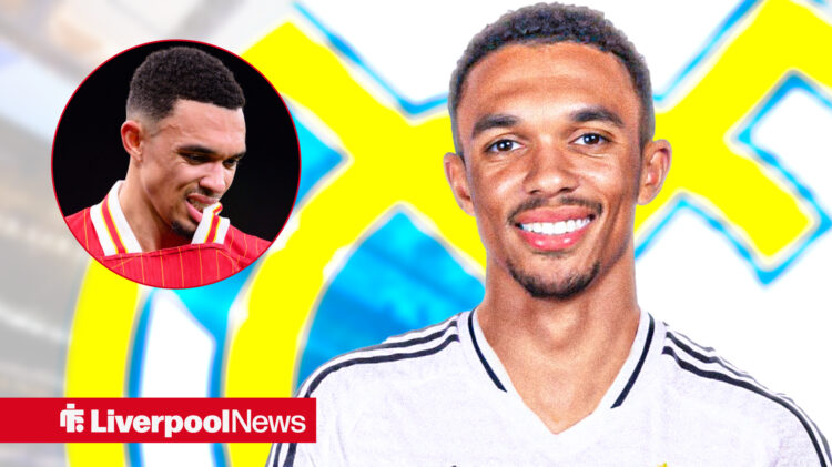 Trent Alexander-Arnold in a Real Madrid shirt looked at by a disappointed Trent Alexander-Arnold in a Liverpool shirt