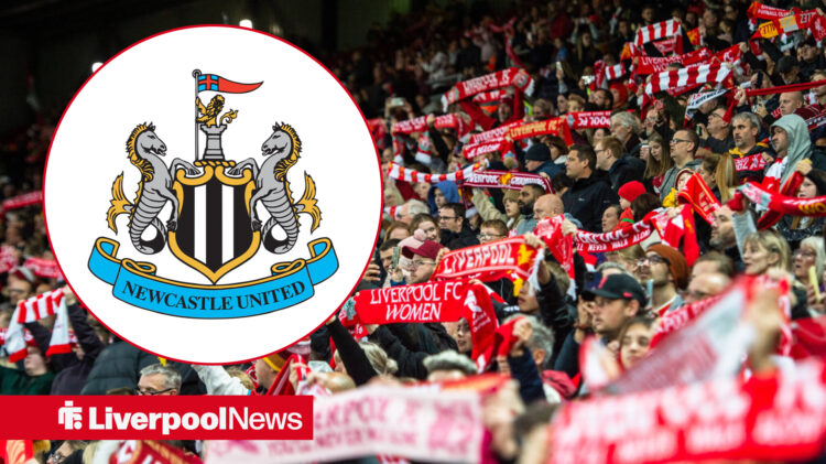Liverpool fans at Anfield, with Newcastle United badge in circular frame inset