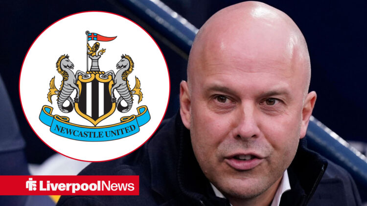 Newcastle United badge in a circular inset, Arne Slot talking in the dugout during a match.