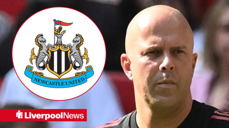 Newcastle badge in a circular inset next to Arne Slot looking focused.