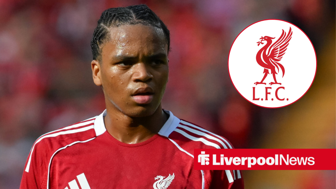 An image of Rio Ngumoha playing for Liverpool, next to a circular inset including the Liverpool badge