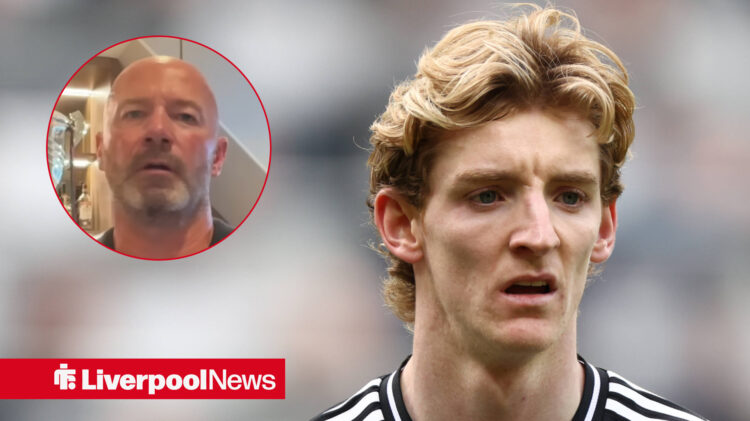 Alan Shearer looking disappointed in a circular inset, Anthony Gordon frustrated whilst in action for Newcastle.