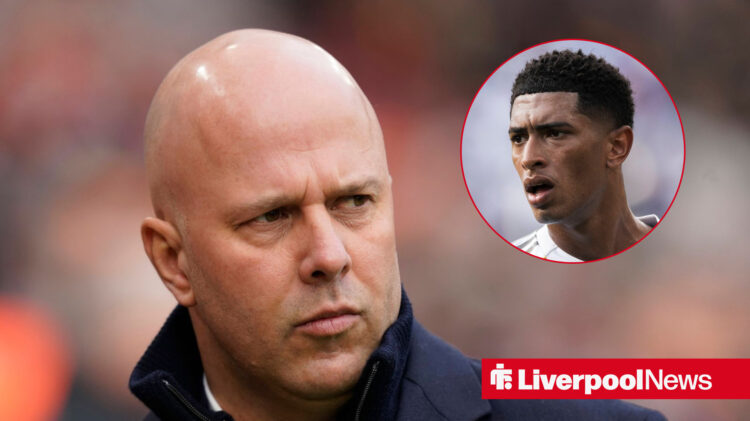 Liverpool manager Arne Slot looking stoic and Real Madrid midfielder Jude Bellingham in circular inset