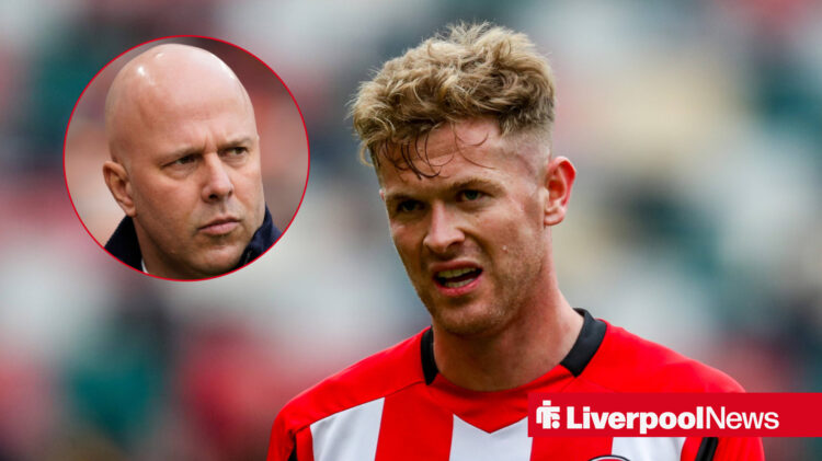 Liverpool manager Arne Slot, Brentford defender Nathan Collins