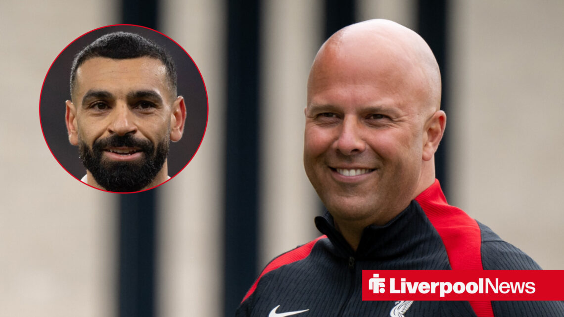 Arne Slot smiling, with Mohamed Salah in frame inset