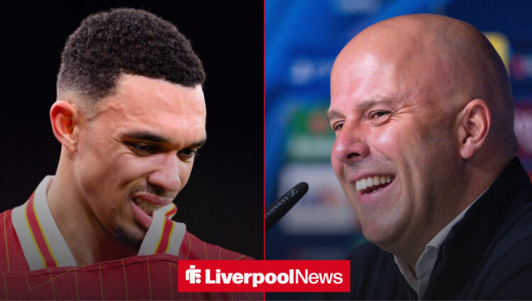 An image of Trent Alexander-Arnold upset in a Liverpool kit, next to a picture of Arne Slot laughing in a press conference