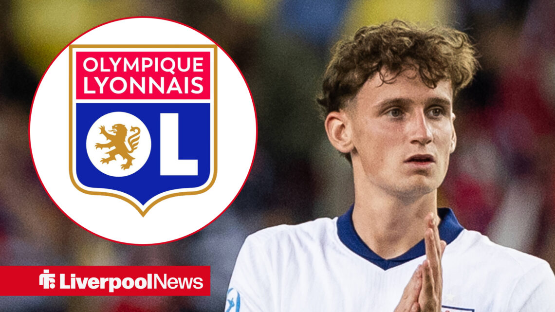 An image of Tyler Morton clapping in an England kit, next to a circular inset of a Lyon Badge.