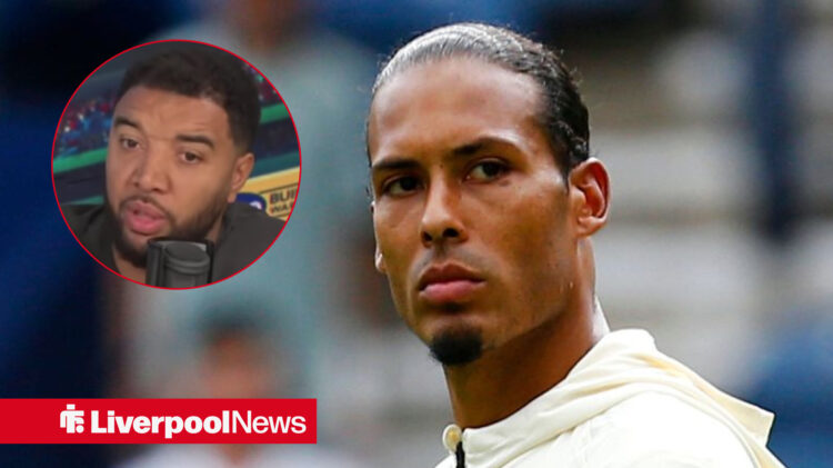 Virgil Van Dijk in white tracksuit with Troy Deeney in radio studio in circular inset