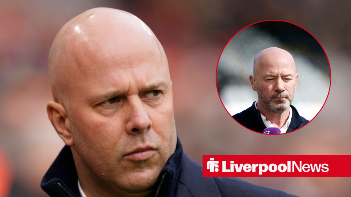 Liverpool manager Arne Slot looking at circle inset of Alan Shearer.