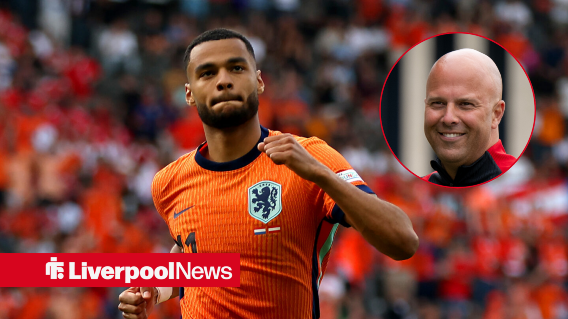 Liverpool winger Cody Gakpo celebrates for the Netherlands with Arne Slot smiling inset