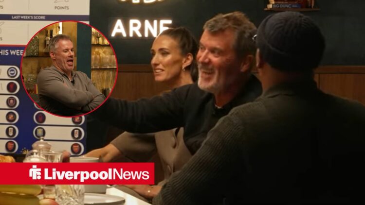 Roy Keane points at a circle inset of Jamie Carragher