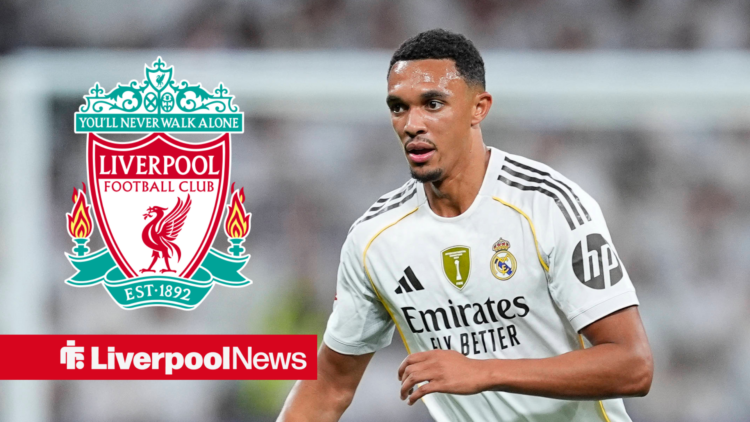 Real Madrid defender Trent Alexander-Arnold during a match with Liverpool badge inset