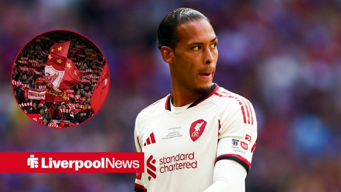 Liverpool defender Virgil van Dijk with Liverpool fans inset