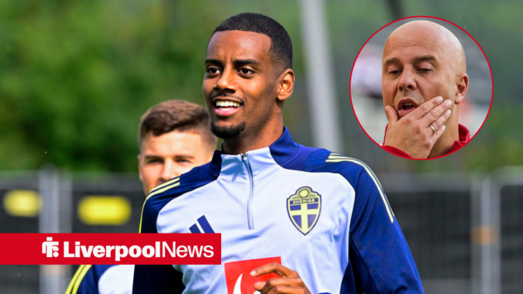 Liverpool striker Alexander Isak in training for Sweden with manager Arne Slot inset