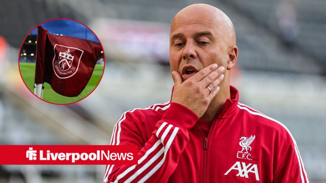 Arne Slot looks exasperated in a Liverpool training kit. To his left if a circle with a Burnley crest on a corner flag at Turf Moor.