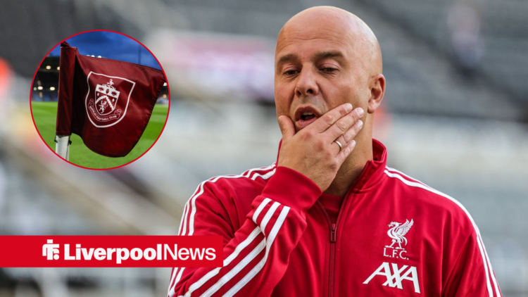 Arne Slot looks exasperated in a Liverpool training kit. To his left if a circle with a Burnley crest on a corner flag at Turf Moor.