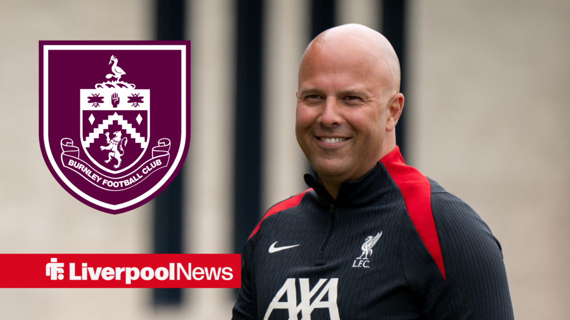 Liverpool manager Arne Slot smiling, with Burnley badge inset