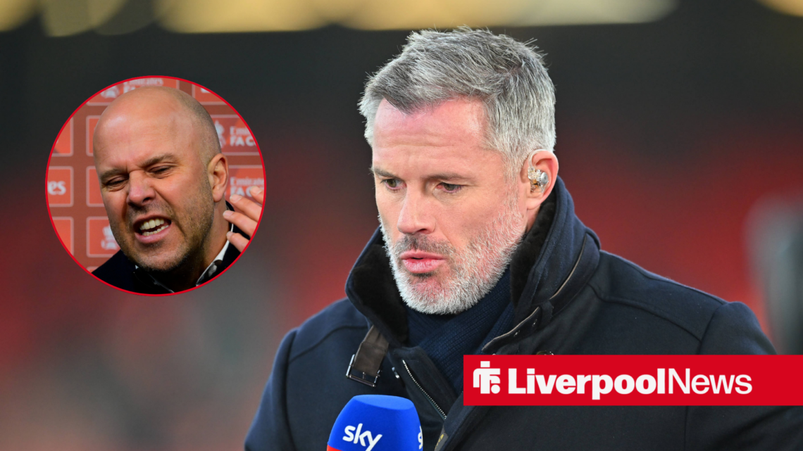 Former Liverpool pundit Jamie Carragher with manager Arne Slot looking angry inset