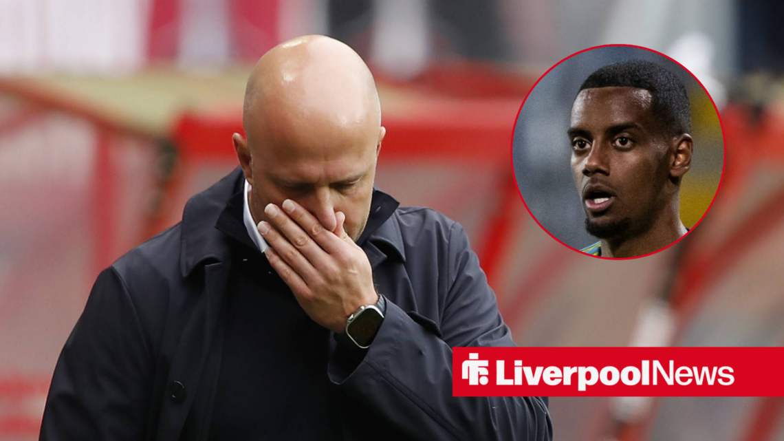Liverpool manager Arne Slot looks in dismay with Alexander Isak inset