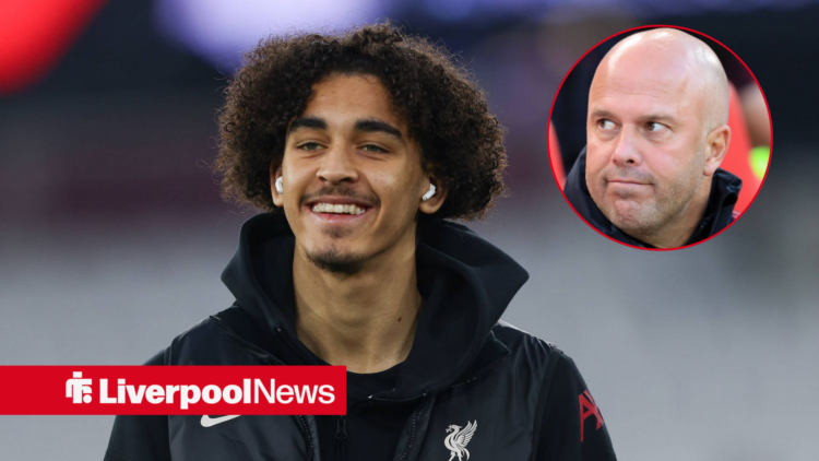 Liverpool youngster Jayden Danns smiling with Arne Slot inset