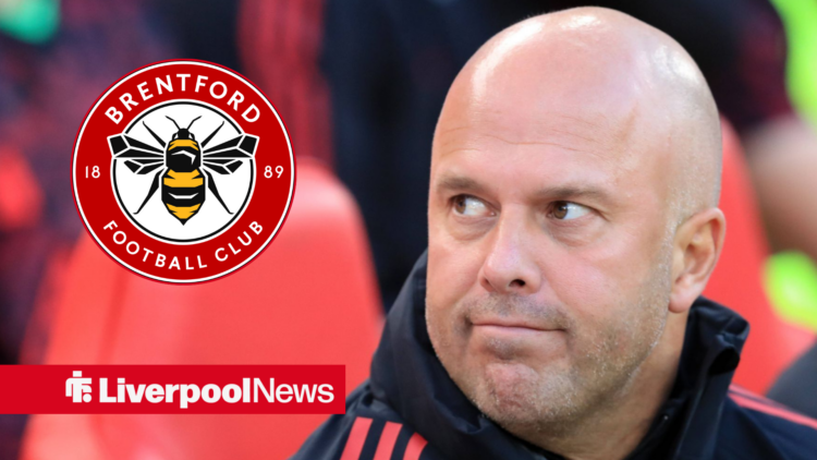 Liverpool manager Arne Slot looking back at Brentford badge insert
