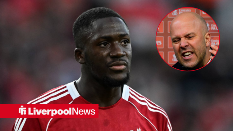 Liverpool defender Ibrahima Konate with Arne Slot looking angry inset