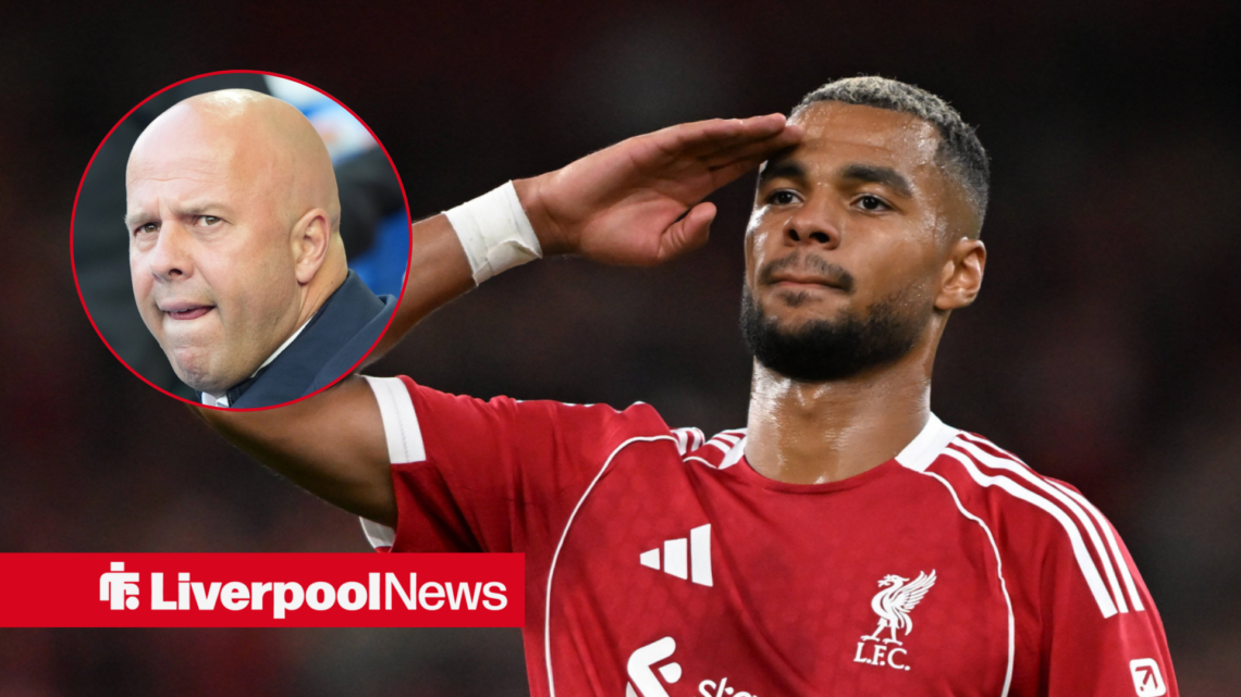 Liverpool winger Cody Gakpo celebrates with Arne Slot inset