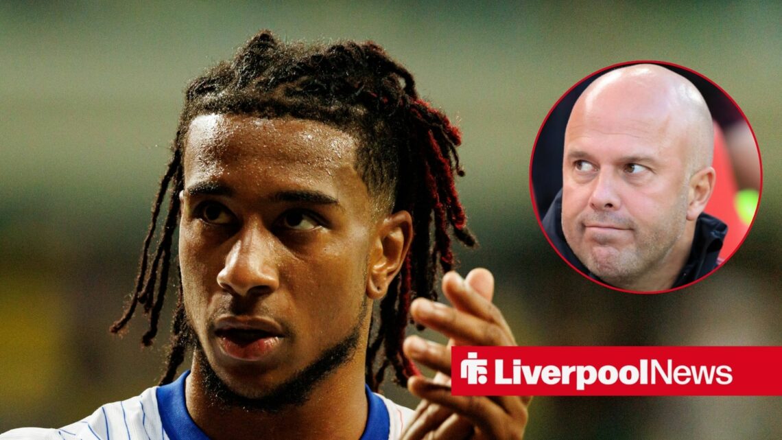 Bayern Munich winger Michael Olise clapping with Liverpool manager Arne Slot inset