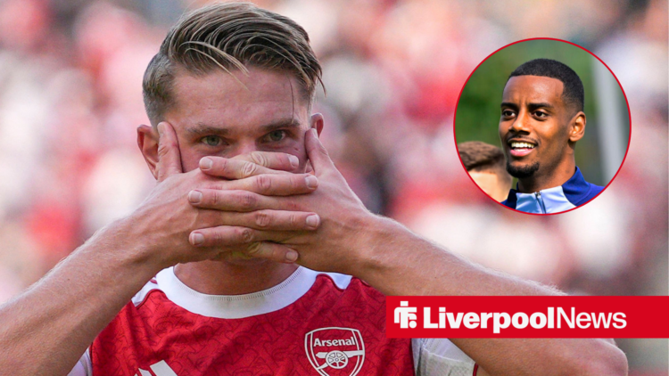 Arsenal striker Viktor Gyokeres celebrates with Liverpool striker Alexander Isak smiling in a circular inset