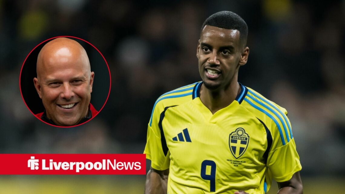 Liverpool striker Alexander Isak plays for Sweden with Arne Slot smiling inset