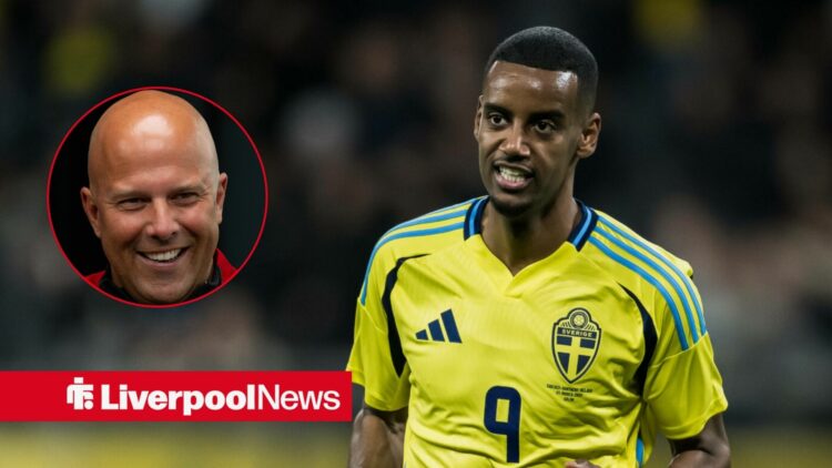 Liverpool striker Alexander Isak plays for Sweden with Arne Slot smiling inset