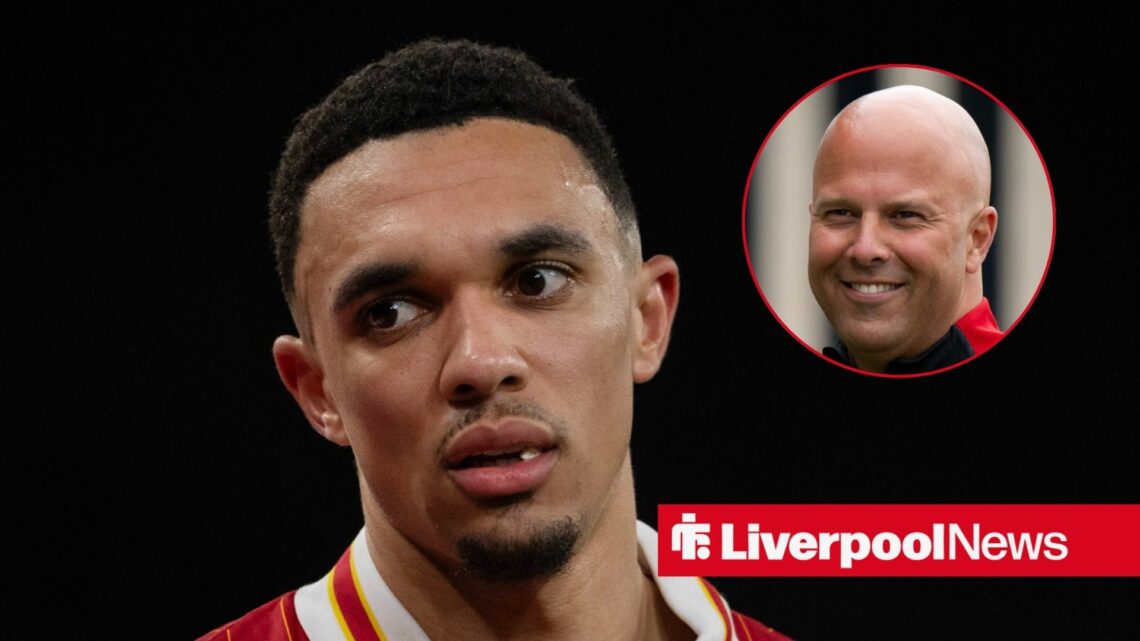 Real Madrid defender Trent Alexander-Arnold with Liverpool manager Arne Slot smiling inset