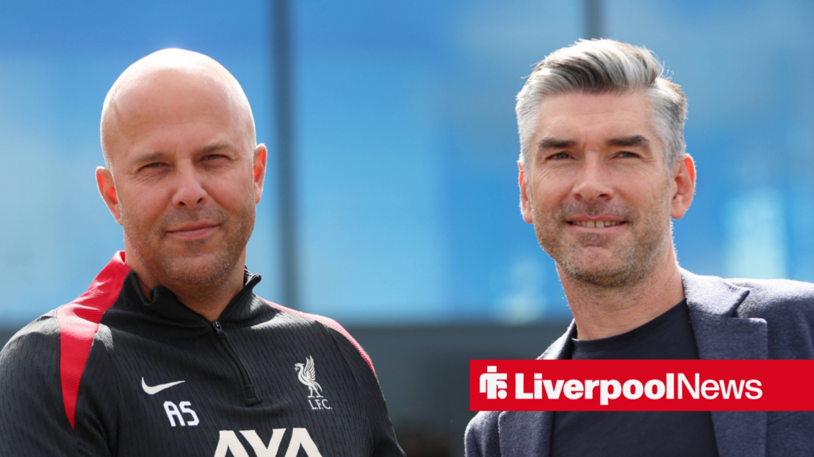 Liverpool manager Arne Slot smiling alongside sporting director Richard Hughes